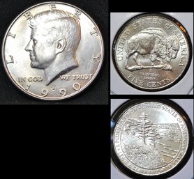 3 Coins 1990-D Kennedy Half Dollar And 2005-D Bison & Ocean View Jeff Nickels   (eeg5)