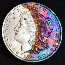 1884-O  Morgan Silver Dollar BU  SUPER  NICE! Full Chest Feathering RAINBOW TONING  (arc2)