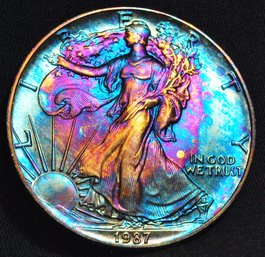 1987  Silver Eagle Silver Dollar BU SUPER  NICE! RAINBOW TONING  (act21)