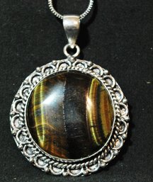 Loverly Tiger Eye Cabachon Pendant German Silver Setting With 20' Chain