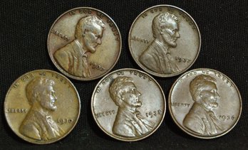 5   1930's  Lincoln Cents Pennies  Nice Lot (j)