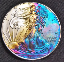 2013 American Silver Eagle Dollar UNCIRC BU In Capsule 1oz .999 NICE Rainbow Toning!  (4tte9)
