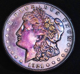 1921-S Morgan Silver Dollar  Rainbow Toning! XF Plus WOW (rbw26)