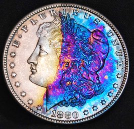 1880 Morgan Silver Dollar  Rainbow Toning! Bu WOW (3cja9)