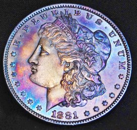 1881 Morgan Silver Dollar  Rainbow Toning! Bu WOW In Plastic Case / Holder (20cab7)