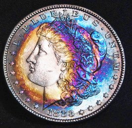 1883 Morgan Silver Dollar  Rainbow Toning! Bu WOW In Plastic Case / Holder (smb84)