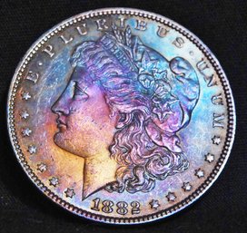 1882 Morgan Silver Dollar  Rainbow Toning! Bu WOW In Plastic Case / Holder (2mru7)