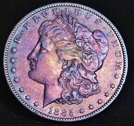 1885-O Morgan Silver Dollar XF / XF Plus Rainbow Toning! WOW (7cdx5)