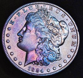 1884 Morgan Silver Dollar XF Rainbow Toning!  WOW (5mec2)