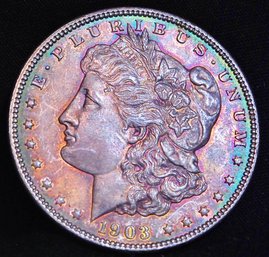 1903 Morgan Silver Dollar BU Rainbow Toning! BETTER DATE!  WOW (8xta4)