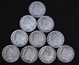 Lot Of 10 Liberty 'V' Nickels  1905 - 1912  (99ayk)
