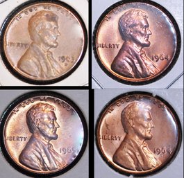 4 Lincoln Wheat Cents  1963-D   1964   1964-D  1965    AU / BU UNCIRC   (dvr5)