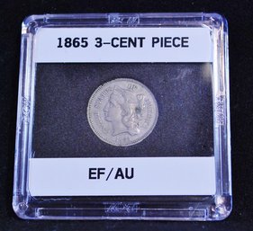 1865 Three Cent Piece XF / AU  FULL COLUMN LINES! In Plastic Case (9mot2)
