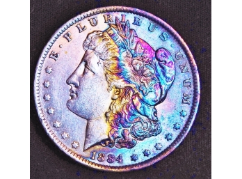 1884-O  Morgan Silver Dollar Rainbow Toning! Full Chest Feathering! (wod7)