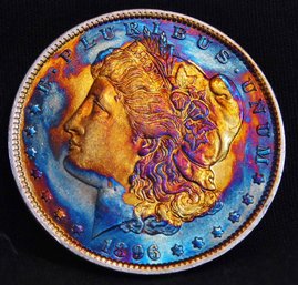 1896 Morgan Silver Dollar Rainbow Toning CHEST FEATHERING! Super Coin! (tbp86)