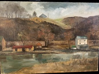 Vintage Landscape Painting Oil On Linen RIVER VALLEY SCENE Signed MANNING
