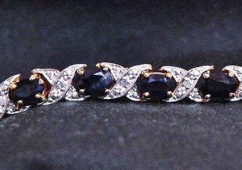 Vintage Tennis Bracelet Dk Sapphire & Rhinestone Diamonds W/ Safety Clasp 7 1/4'