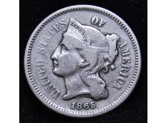1865 Three Cent Nickel US Silver Coin Scarce  Civil War Era  XF PLUS Near Full Column Lines!  (tcp1)