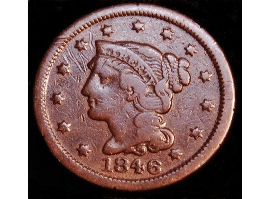1846 Braided Hair Coronet US Large Cent F / XF  Nice Red / Brown  (opt7)