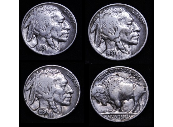 Lot Of 3 Buffalo Nickels 1937  1937  1936  Very Fine Plus & Lustrous  (dha2)