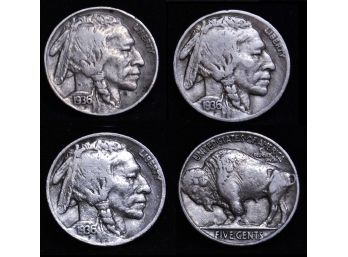 Lot Of 3 Buffalo Nickels 1936  1936-D  1936-S  (dwb5)