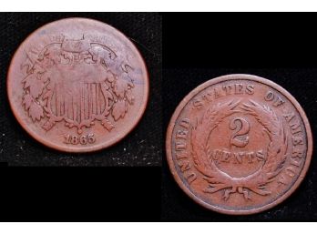 1865 Two Cent Piece Civil War Era Coin XF Plus RED Nice! (rib3)