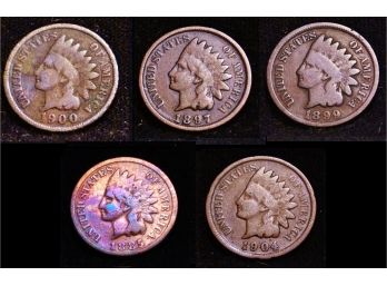 Lot Of 5 Indian Head Cents / Pennies 1885  1897  1899  1900   1904  Nice Lot! (ept4)