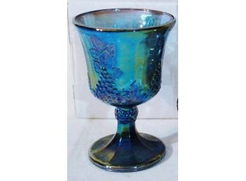 Vintage Indiana Carnival Glass Tall Goblet Blue Harvest GRAPE & Leaf Grapes