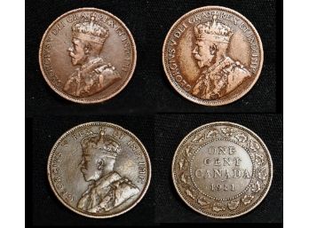 Lot Of 3  1911   1917   1917  Canada Large One Cent / Cents Penny George V