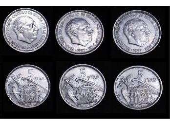 Lot Of 3  1957 Spanish 5 PTA Coins Copper Nickels Spain Una Grande Libre (bkc8)
