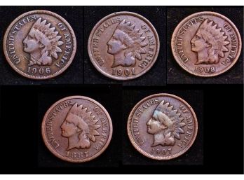 Lot Of 5 Indian Head Cents / Pennies 1887  1901  1906   1907  1908  Nice Lot! (cax5)