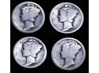 Lot Of 4 Early Mercury 90 Percent Silver Dimes 1920-S  1919  1917-D  1918-S TOUGH DATES TO FIND! (sfe4)