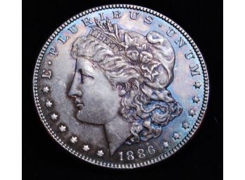 1886 Morgan Silver Dollar 90 Percent Silver BETTER DATE Uncirc Hi Grade Coin! Natural Rainbow Toning (xam3))