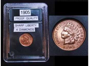 1905 Indian Head Cent Penny AU PROOF LIKE Full Liberty &  4 Diamonds SLABBED NICE  (wtf4)