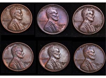 Lot Of 6 Lincoln Wheat Cents / Pennies (2)  1942  (3) 1944-S  (1) 1944-D  Uncirculated  (qpd5)