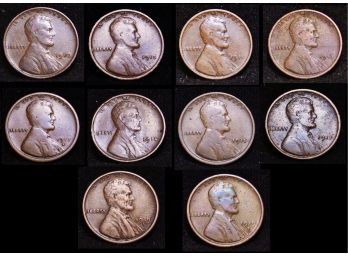 Lot Of 10 Early Lincoln Wheat Cents (1910)  (1911)  (1913)  (1914)  (1915)  (1917)  (1917-S)  (1919-S)  (mgt4)