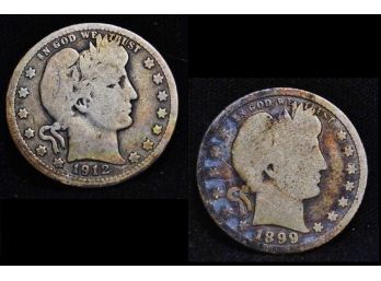 Lot Of 2  Barber 90 Percent Silver Quarters 1899  1912 Toned Nice! (ccp3)
