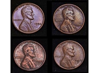 Lot Of 4 Lincoln Wheat Cents / Pennies  1945-D  1954   1955-D   1957-D  Uncirculated (xyq8)