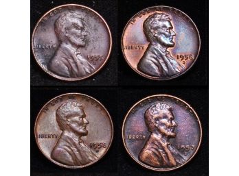 Lot Of 4 Lincoln Wheat Cents / Pennies UNCIRCULATED 1955-D  1957  1958-D 1958-D  (cdx5)