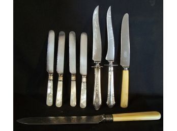 S    Lot Of (8) Antique Knives Pearl Handles Bone Handles Silverplate