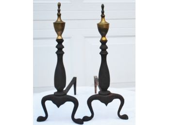 NS   Antique Black Cast Iron Federal / Queen Anne Fire Dogs / Andirons With Solid Brass Finials 1 Pr