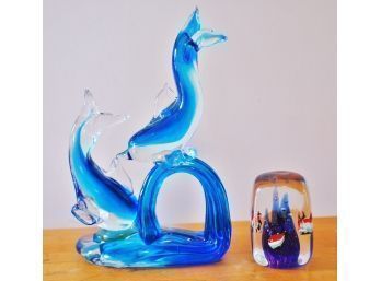 S    Hand Blown Glass Dolphins And Hand Blown Glass Paperweight