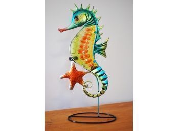 S    Metal Sculpture With Enamel And Stained Glass Accents SEAHORSE W/ Candleholders