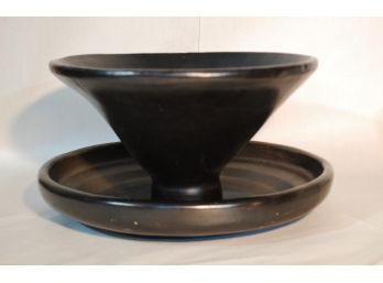 S   Black Hand-Thrown Pottery Lg Chip / Salad Bowl And Underplate Signed Made In Columbia