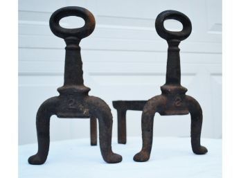 NS   Antique Black Cast Iron Keyhole Fire Dogs / Andirons 1 Pr (b)