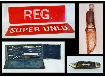 S  Miscellaneous Lot PAL Hunting Knife #34 / Antique Drafting Set / IDEAL Camper Knife  Gas Station Pump Signs