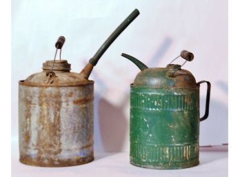 S    2 Vintage Service Station Metal Cans W/ Wooden Bail Handles
