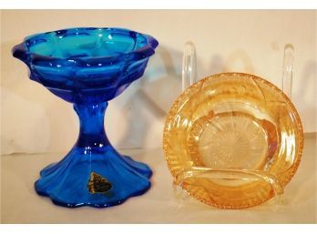 S   Vintage Fenton Glass Blue Compote & Vintage Carnival Glass Imperial Bowl IRIS