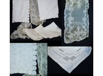 S   Lot Of 6 Antique Linen Table Cloths  & Runners Eyelet / Hand-Embroidered / Lace SUPER!