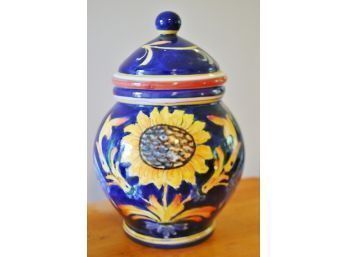 S   Italian Pottery Hand Painted Ginger / Cookie Jar Cobalt Blue & Gold Sunflower Motif